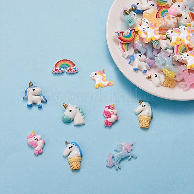 SUNNYCLUE 64Pcs 16 Colors Unicorn Resin Cabochon Colorful Unicorn