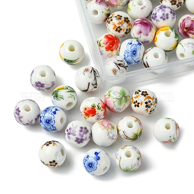 64шт 8 цвета фарфоровые бусины ручной работы с цветочным принтом PORC-FS0001-06-1