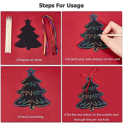 Christmas Theme Rainbow Scratch Painting Art Paper, with Ribbon and Bamboo  Sticks, Black, Scratch Paper: 10.1~12.1x7.7~14x0.03cm, Hole: 4.3mm, 12pcs