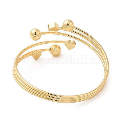 Женский латунный браслет в форме стойки с круглым открытым манжетом и латунным сердечком BJEW-M298-07G-1