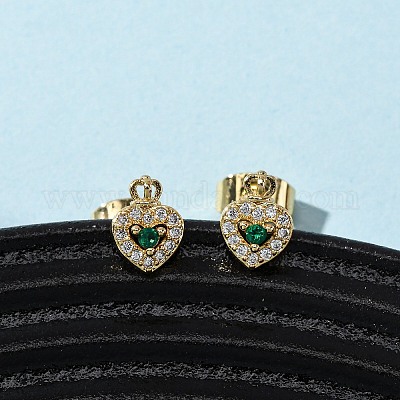 Серьги-гвоздики в форме сердца из латуни с микропаве из циркония EJEW-K267-31G-1
