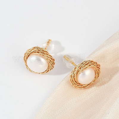 Плоские круглые серьги-гвоздики из латуни с имитацией жемчуга KK-D301-10G-1