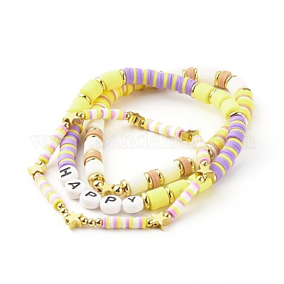 Handmade Polymer Clay Beads Stretch Bracelets Sets, with Brass Beads and  Acrylic Enamel Beads, HAPPY, Yellow, Inner Diameter: 2-1/8 inch(5.5cm)