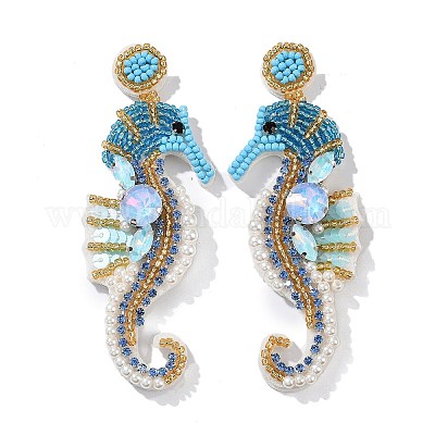 Серьги-гвоздики из стеклянных бусин в виде морского конька EJEW-S273-01-1