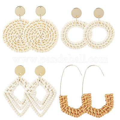 4 пара сережек-гвоздиков из ротанга в 4 стилях EJEW-SP0001-16B-1