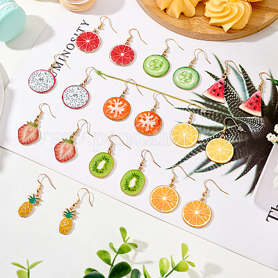10 пара двух стилей сережек-подвесок из сплава ананаса и питайи с эмалью EJEW-AN0001-37-1