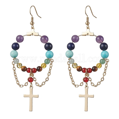 Серьги с подвесками из смешанного бисера на тему чакры EJEW-TA00355-1