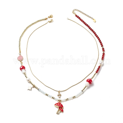 2Pcs 2 Style Alloy Enamel Mushroom Pendant Necklaces Set NJEW-JN04095-1