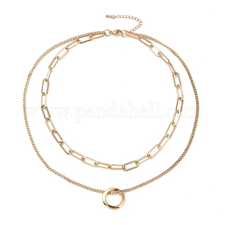 Vakuumbeschichtung 304 mehrlagige Halskette aus Edelstahl mit Doppelketten und Ringanhänger für Frauen STAS-E155-17G-1
