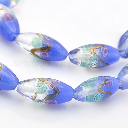 Handmade Two Tone Gold Sand Lampwork Oval with Flower Pattern Beads Strands LAMP-O007-02A-1