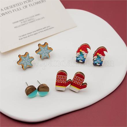 4 Pairs Snowflake & Glove & Christmas Gnome Printed Wood Stud Earrings EJEW-OY001-04-1