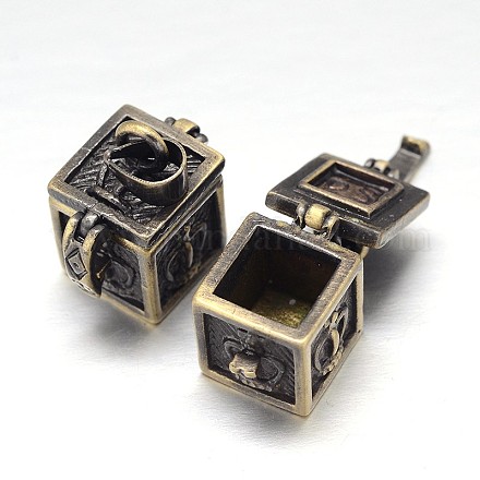 Carved Cube Rack Plating Brass Prayer Box Pendants KK-L101-21AB-NF-1