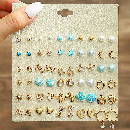 30 пара комплектов серег-гвоздиков из сплава и пластика с имитацией жемчуга и стразами WGF62EF-02-1