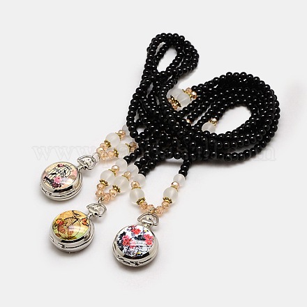 Styles mélangés longue imprimés porcelaine alliage ouvrable noir de perles de verre montre de poche de quartz plats pendentifs ronds WACH-M037-M-1
