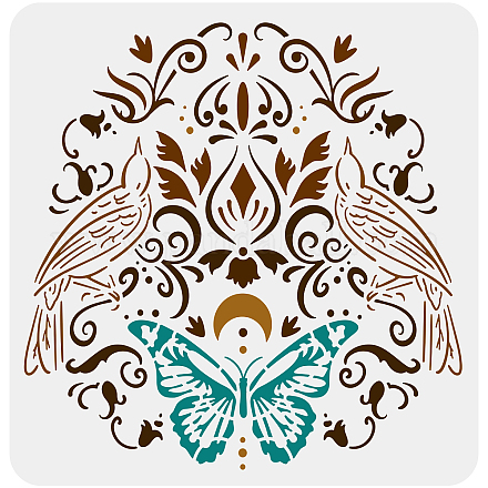 FINGERINSPIRE Damask Stencil 30x30cm Reusable Large Floral Allover Pattern Painting Stencil DIY Craft Bird Butterfly Stencils for Painting on Wall DIY-WH0172-911-1