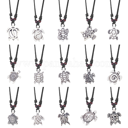 ANATTASOUL 15Pcs 15 Styles Tortoise Resin Pendant Necklaces Set with Adjustable Cotton Cords NJEW-AN0001-51A-1