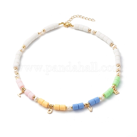 ポリマークレイビーズのネックレス  真珠と真鍮のビーズで  単語の愛  カラフル  16.14インチ（41cm） NJEW-JN03621-01-1