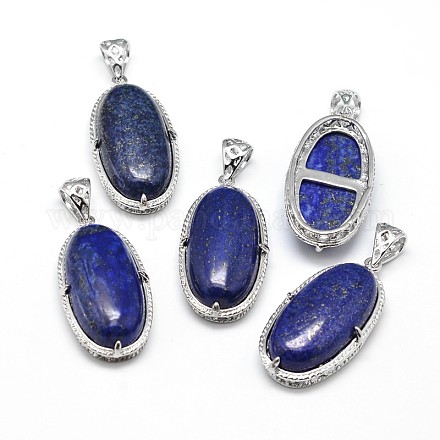Oval Platinum Plated Brass Dyed & Heated Natural Lapis Lazuli Pendants G-F228-14F-RS-1
