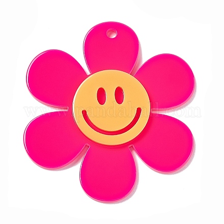 不透明なアクリル大きなペンダント  笑顔チャーム付きひまわり  濃いピンク  55x50.5x5mm  穴：2.5mm OACR-P012-B05-1