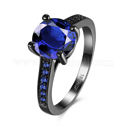 トレンディな真鍮ガラスラインストーンの指輪  ラウンド  サイズ6  ブルー  ガンメタ色  16.5mm RJEW-BB18916-6-1