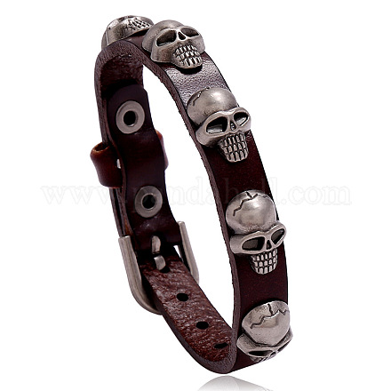 Bracelet en cuir de vachette clouté avec rivet crâne en alliage SKUL-PW0004-33C-1