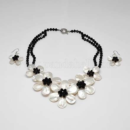 Flower Natural White Pearl Shell Bib Necklaces & Dangle Earrings Jewelry Sets SJEW-P072-01-1