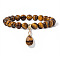 Natural Tiger Eye Beaded Stretch Bracelets, with Teardrop Charm, 7-1/2 inch(19cm)