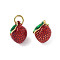 Brass Enamel Pendants, Cadmium Free & Lead Free, Real 18K Gold Plated, Strawberry, 11x10x8mm, Hole: 3mm