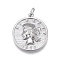 Brass Pendants, with Jump Rings, Long-Lasting Plated, Flat Round with Human, Word Liberty, Real Platinum Plated, 20x18x3mm, Hole: 3mm