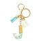 Transparent Epoxy Resin Pendant Keychains, with Iron Alloy Lobster Claw Clasp Keychain and Faux Suede Tassel Pendant Decorations, for Keychain, Purse, Backpack Ornament, Letter J, 9.5~11cm, pendant: 35~44mm long
