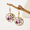 Alloy Epoxy Dried Flower Dangle Earrings, with Steel Pins, Flat Round, Golden, Orchid, 41x21mm
