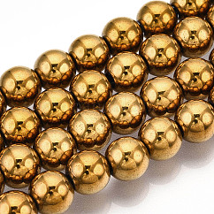 Chapelets de perles en hématite synthétique sans magnétiques, Grade a, ronde, plaqué or, 8mm, Trou: 1mm, Environ 50~52 pcs/chapelet