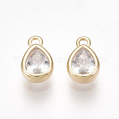 Latón charms de circonio cúbico, lágrima, Claro, sin níquel, real 18k chapado en oro, 6x4x2mm, agujero: 0.8 mm