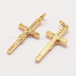 Messing-Mikro pflastern Klasse AAA Zirkonia Anhänger, langlebig plattiert, Kreuz, Cadmiumfrei und Nickel frei und Bleifrei, echtes 18k vergoldet, 23x11x3 mm, Bohrung: 3 mm