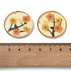 真鍮メッキ、透明エポキシ樹脂、ドライフラワーのペンダント  花と蝶の模様が入ったフラットラウンドいチャーム  グリッターパウダー付き  オレンジ  30x3mm  穴：1.1mm&nbsp;RE-CBAA153-06B