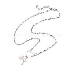 Ожерелья в форме сердца с крестом из нержавеющей стали и искусственного жемчуга ABS для женщин NJEW-JN05201-01