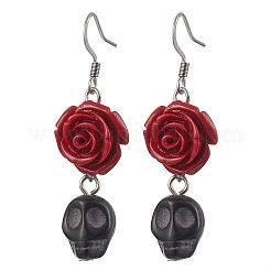 Серьги-подвески в виде черепа из искусственного коралла красного цвета и искусственной бирюзы черного цвета на тему Хэллоуина&nbsp;EJEW-JE06069-S