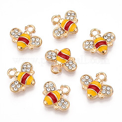 金メッキ合金エナメルチャーム  ラインストーン付き  蜂のチャーム  暗赤色  12.5x14.5x2.5mm  穴：1.8mm&nbsp;ENAM-G212-18G-07