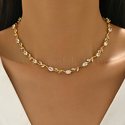 Eleganti collane a catena con maglie a forma di ramo di vite in ottone con zirconi cubici per donna&nbsp;AT0608-1