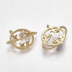 真鍮キュービックジルコニアチャーム  惑星  透明  18KGP本金メッキ  14x16x4.5mm  穴：1mm&nbsp;X-KK-S348-260