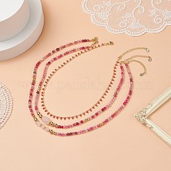 女性のための天然ローズ クォーツ & 瑪瑙ビーズ ネックレス セット  手作りの真鍮ガラス ビーズ チェーン ネックレス  14.96~18.9インチ（38~48cm）  3個/セット&nbsp;NJEW-JN04129