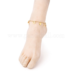 304ステンレススチールチャームアンクレット  カーブチェーンとカニカン付き  ゴールドカラー  9-1/4インチ（23.6cm）&nbsp;AJEW-AN00342
