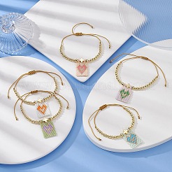 Прямоугольный стеклянный браслет с сердцем и подвеской в форме сердца BJEW-MZ00033