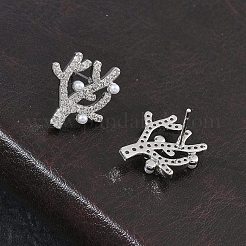 真鍮製 マイクロパヴェ キュービックジルコニア スタッドピアス 女性用  サンゴ  ABSの模造パールと  ラックめっき  長持ちメッキ  鉛フリー＆カドミウムフリー  プラチナ  17.5x15.5mm&nbsp;EJEW-A167-15P