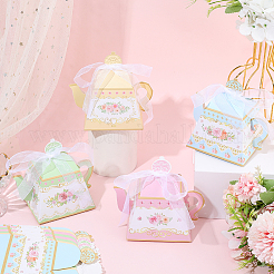 12 шт. 4-цветные 3D-бумажные подарочные коробки для конфет в форме чайника с цветочным принтом и лентой&nbsp;DIY-SP0006-39
