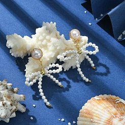 Серьги-гвоздики с подвесками и бантом из натурального жемчуга EJEW-TA00321