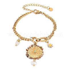 Браслеты с подвесками в виде плоских круглых цветов из нержавеющей стали 304 и эмали&nbsp;BJEW-P375-02G