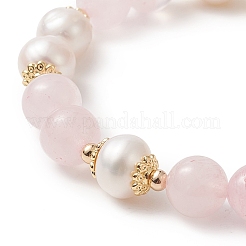 Женский эластичный браслет с круглым бисером из натурального розового кварца и жемчуга&nbsp;BJEW-JB09246-03