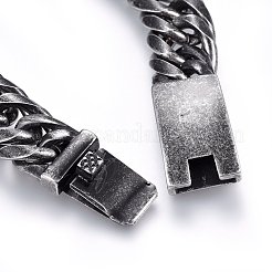304ステンレススチールカーブチェーンブレスレット  箱の留め金付き  多面カット  アンティークシルバー  9インチ（23cm）  16x8mm&nbsp;BJEW-E346-26AS