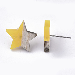 樹脂と木のスタッドピアス  304ステンレスピン付き  スター  きいろ  17x18mm  ピン：0.7mm&nbsp;EJEW-N017-001A-C05